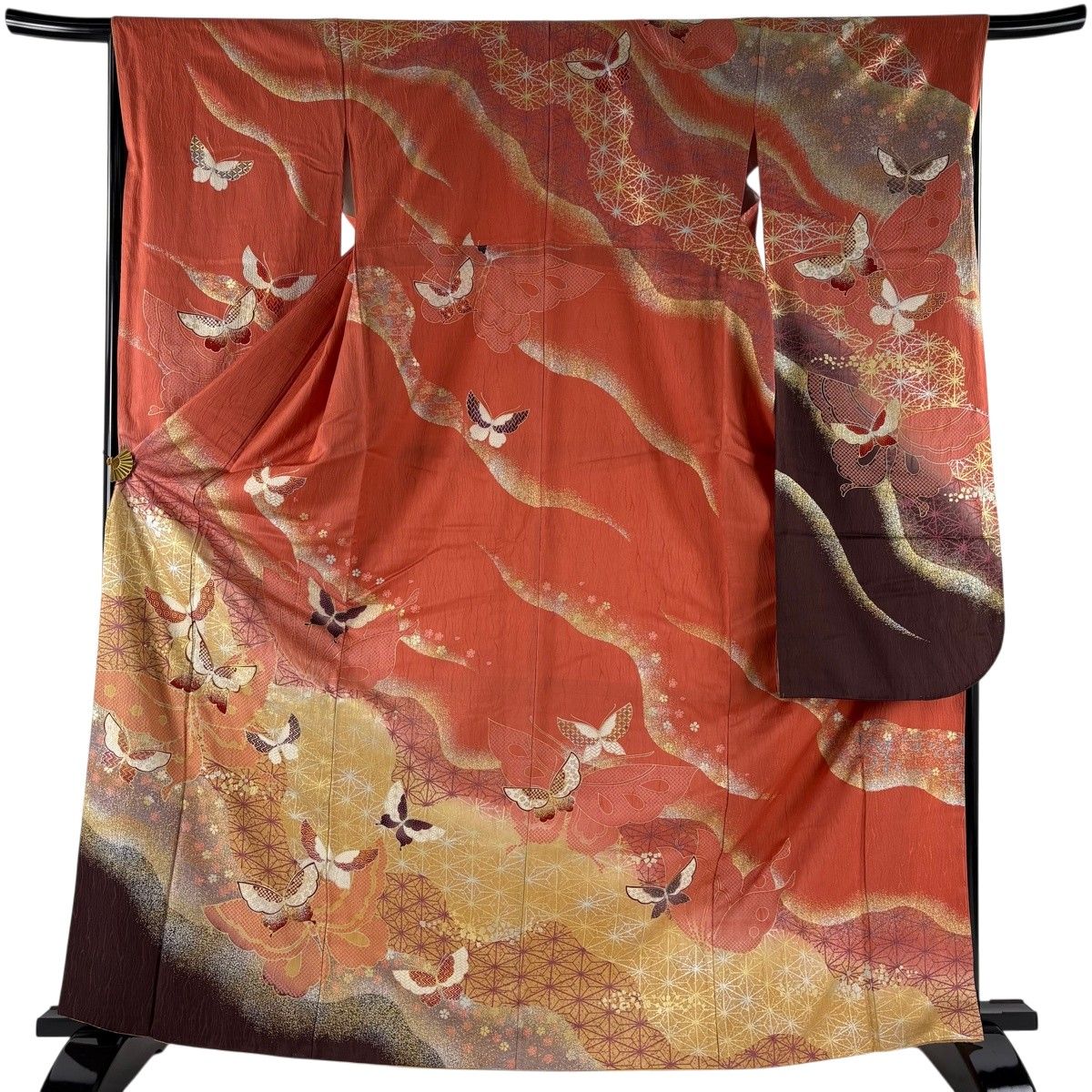 振袖 身丈165cm 裄丈66cm M 袷 蝶 麻の葉 金糸 金銀彩 サーモンピンク 正絹 秀品 【中古】