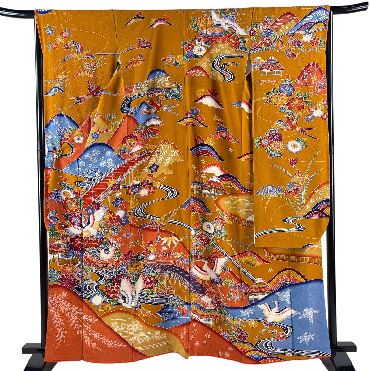 振袖 身丈162cm 裄丈66cm M 袷 鶴 松竹梅 縮緬 染め分け 山吹色 正絹 秀品 【中古】