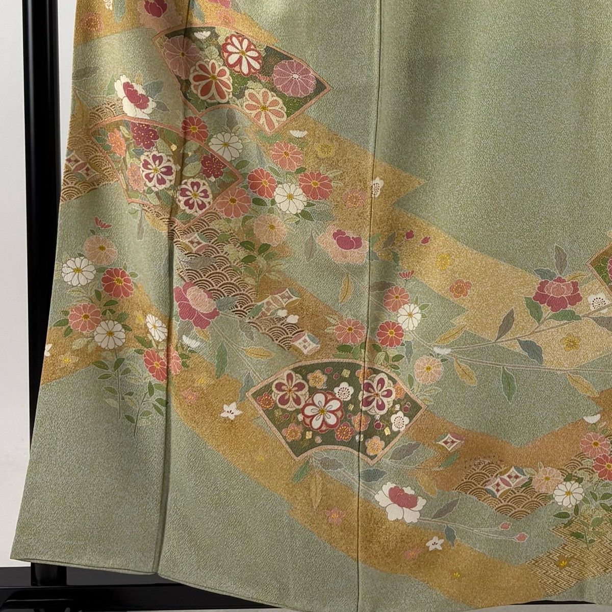 訪問着 身丈159cm 裄丈63.5cm S 袷 松井青々 落款 扇面 菊 金銀彩 灰緑 正絹 秀品 【中古】