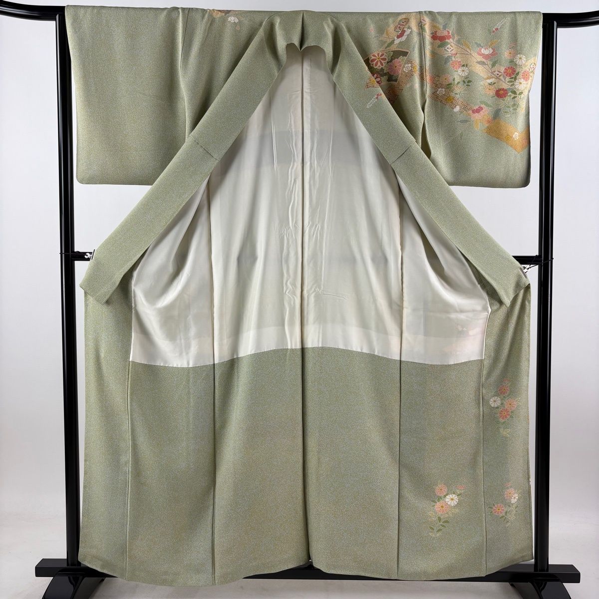 訪問着 身丈159cm 裄丈63.5cm S 袷 松井青々 落款 扇面 菊 金銀彩 灰緑 正絹 秀品 【中古】