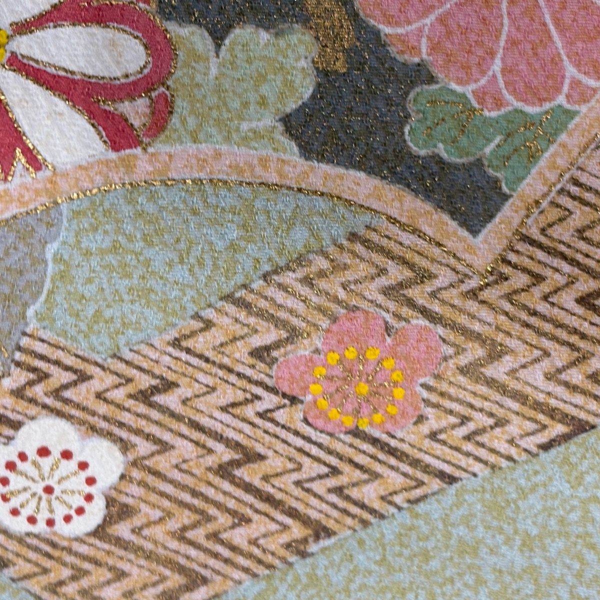 訪問着 身丈159cm 裄丈63.5cm S 袷 松井青々 落款 扇面 菊 金銀彩 灰緑 正絹 秀品 【中古】