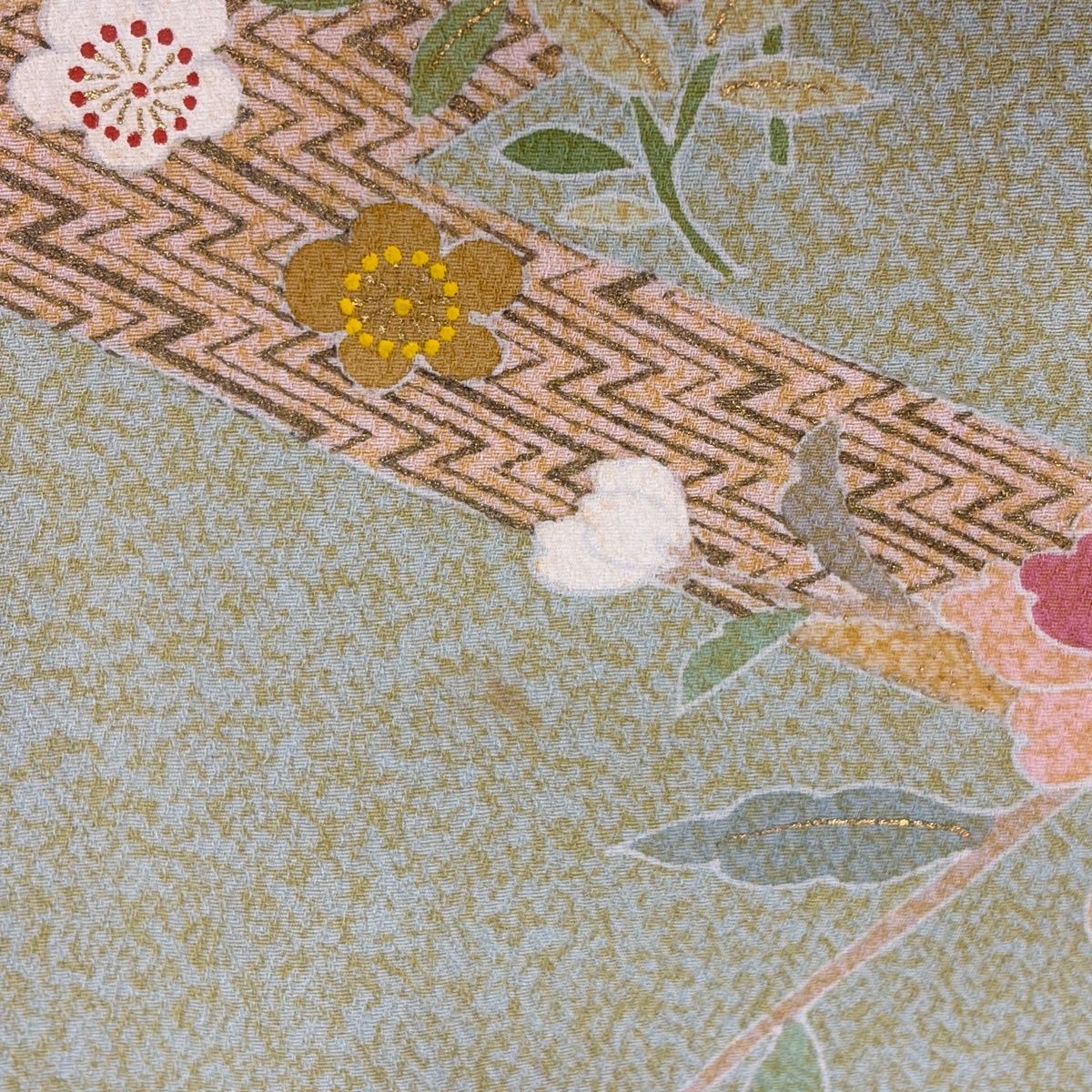訪問着 身丈159cm 裄丈63.5cm S 袷 松井青々 落款 扇面 菊 金銀彩 灰緑 正絹 秀品 【中古】