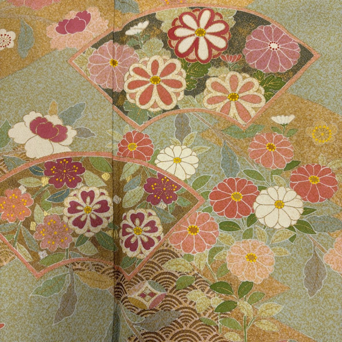 訪問着 身丈159cm 裄丈63.5cm S 袷 松井青々 落款 扇面 菊 金銀彩 灰緑 正絹 秀品 【中古】