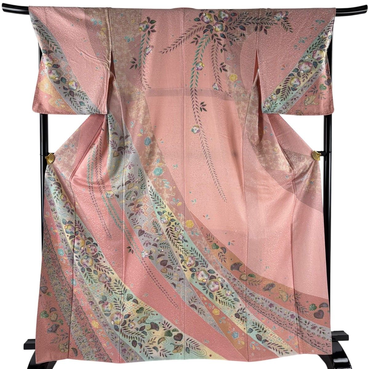 【美品】 訪問着 身丈166.5cm 裄丈68.5cm L 袷 辻が花柄 地紋 金彩 ピンク 正絹 名品 【中古】