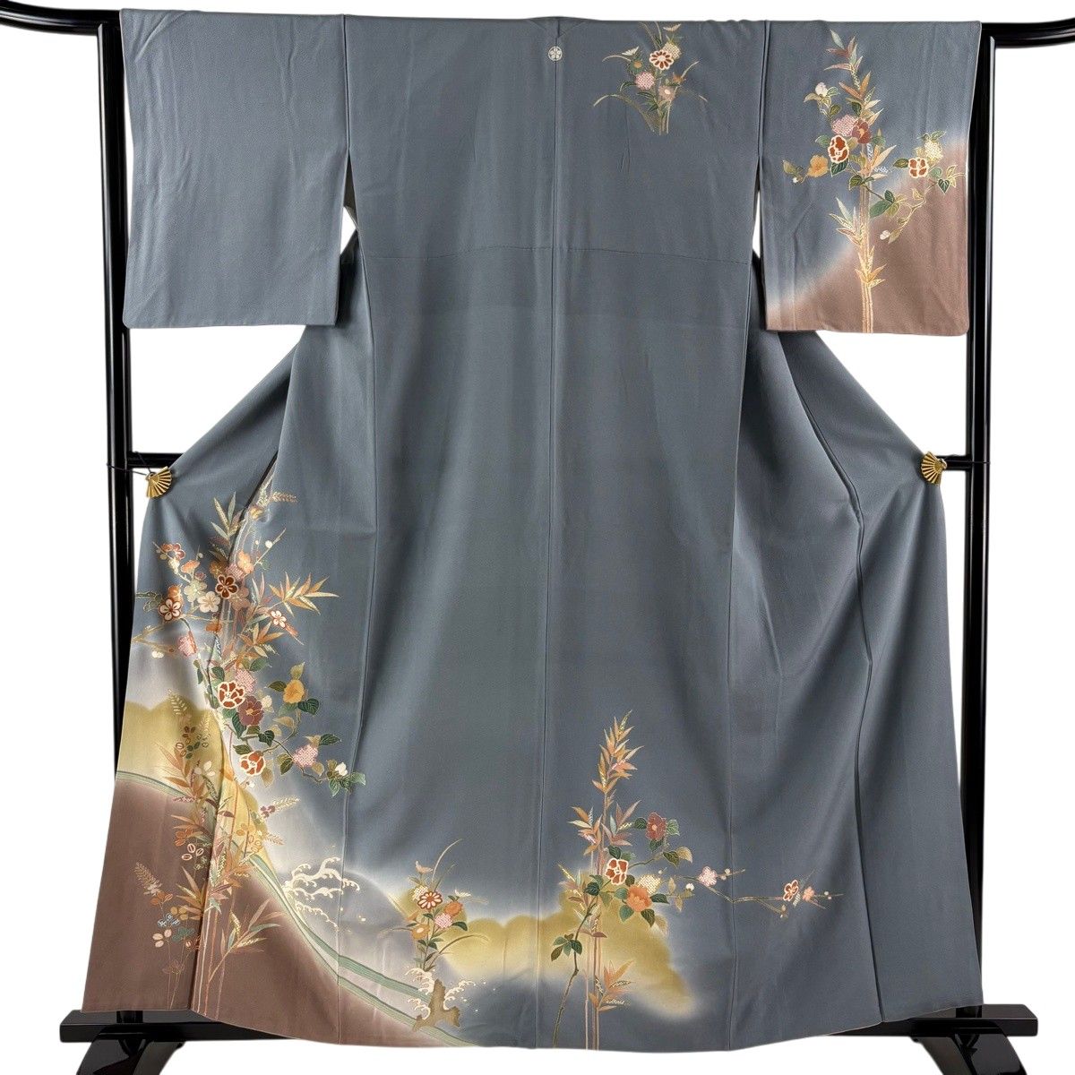 訪問着 身丈160.5cm 裄丈63.5cm S 袷 梅 椿 金彩 ぼかし 青灰色 正絹 秀品 一つ紋 【中古】