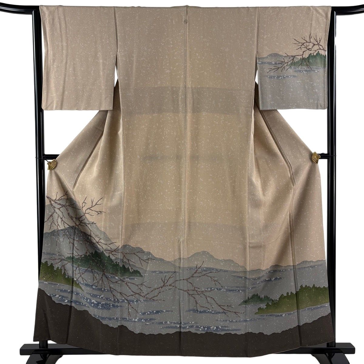 【美品】 訪問着 身丈159cm 裄丈63.5cm S 袷 山並み 枝 薄茶色 正絹 秀品 一つ紋 【中古】