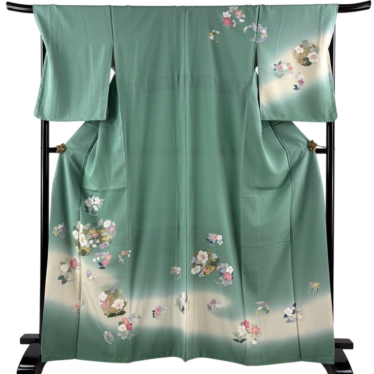 訪問着 身丈167cm 裄丈69cm L 袷 花丸文 金彩 ぼかし 薄緑 正絹 秀品