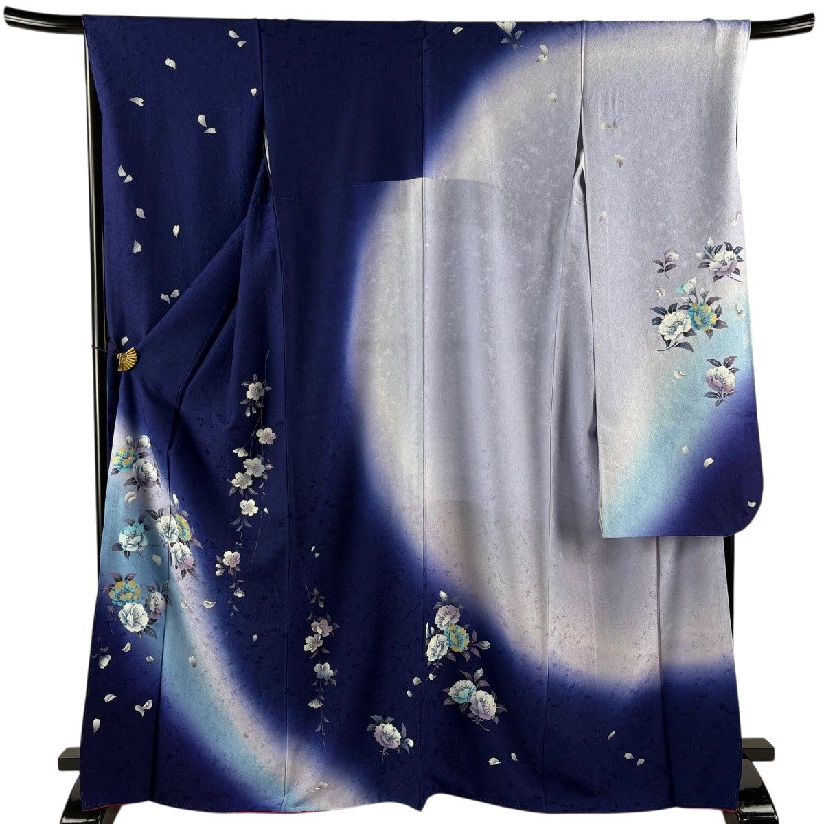 振袖 身丈168cm 裄丈69cm L 袷 草花 桜 ラメ 染め分け 紺色 正絹 秀品 【中古】