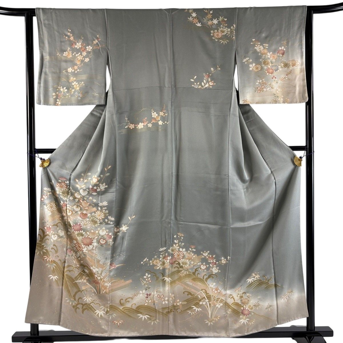 訪問着 身丈157cm 裄丈63cm S 袷 花筏 波 金糸 金彩 灰色 正絹 秀品 【中古】