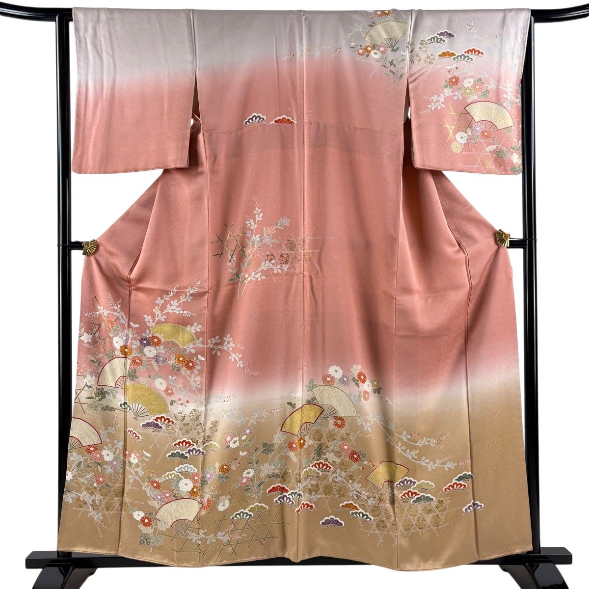 訪問着 身丈160cm 裄丈64cm M 袷 扇 秋草 金彩 染め分け ピンクベージュ 正絹 秀品 【中古】