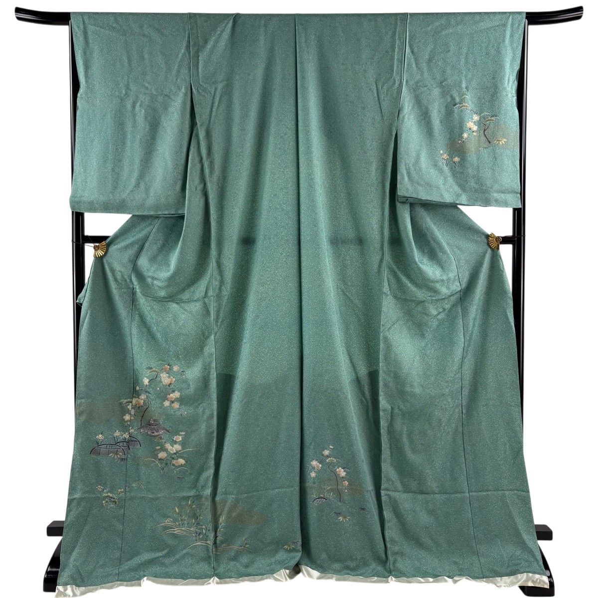 付下げ 身丈176cm 裄丈67.5cm 未仕立て 仮絵羽 桜 家屋 金彩 薄緑 正絹