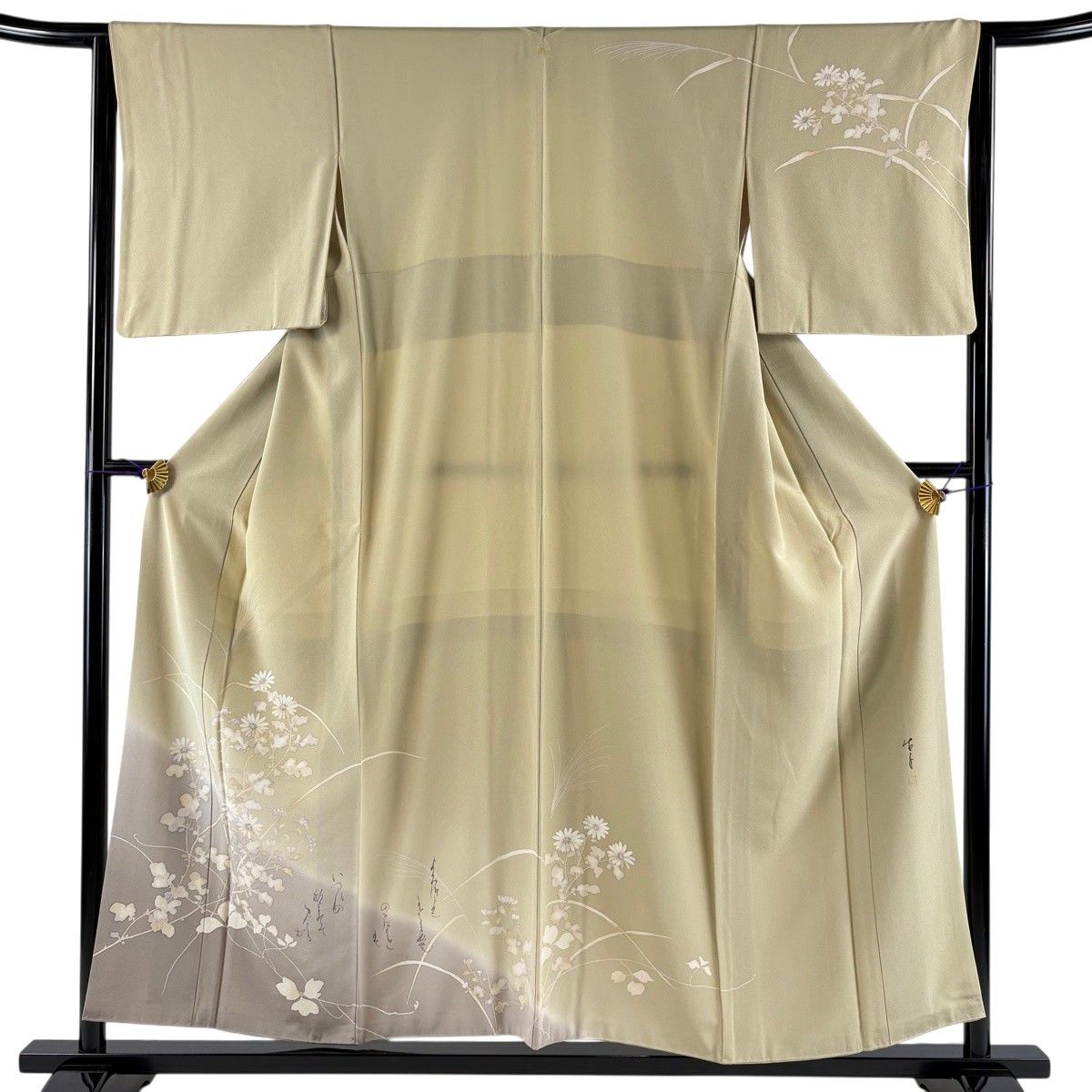 訪問着 身丈155.5cm 裄丈64cm M 袷 落款 草花 文字文 染め分け ぼかし 抹茶色 正絹 秀品 【中古】