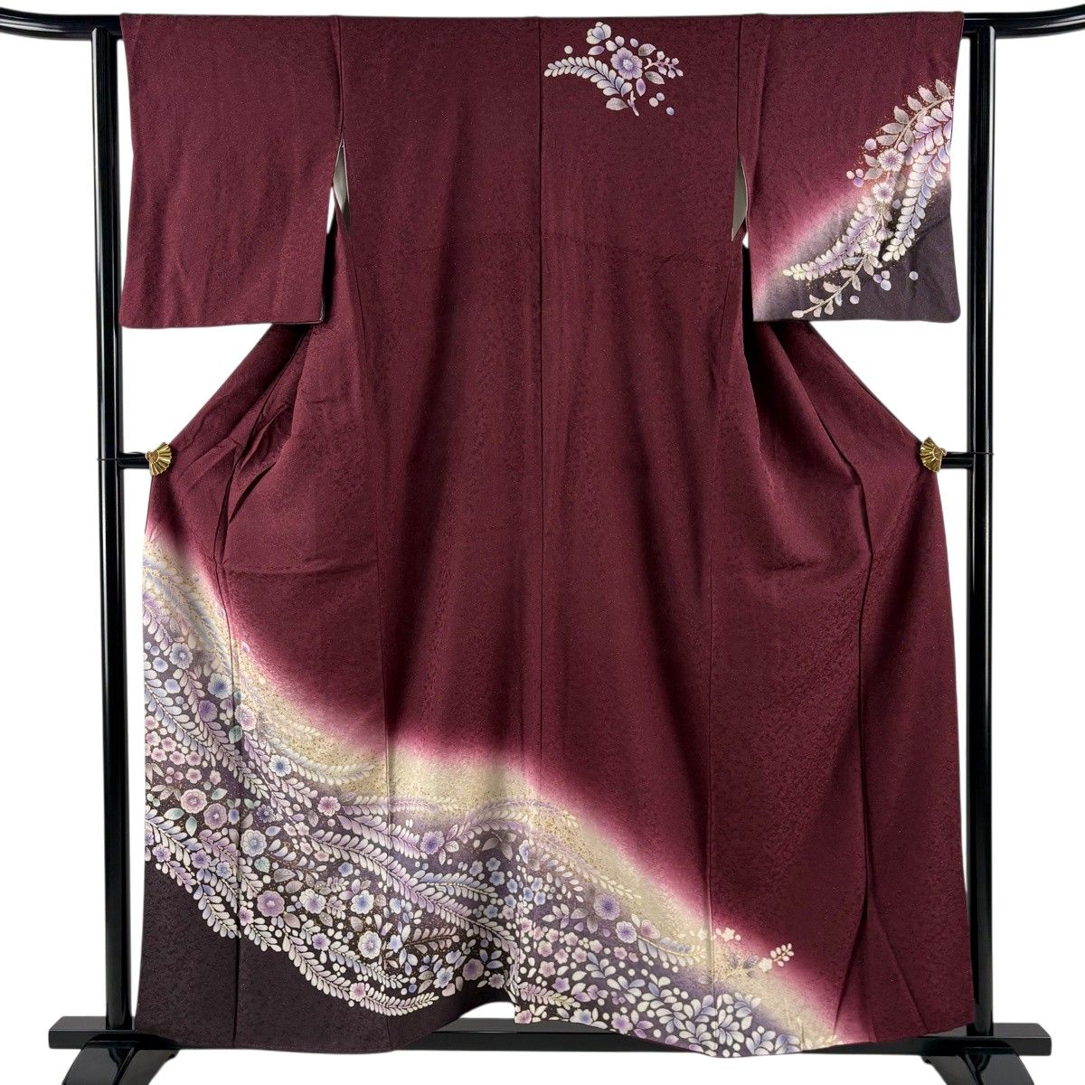 訪問着 身丈154cm 裄丈62cm S 袷 草花 銀通し 金彩 赤紫 正絹 秀品 【中古】