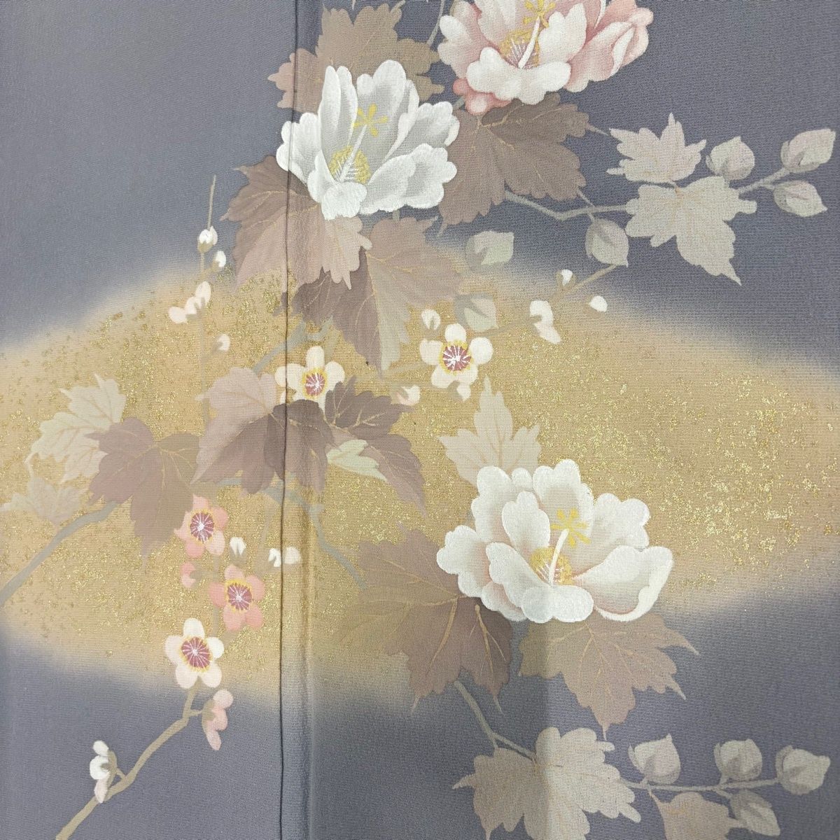 付下げ 身丈158.5cm 裄丈66cm M 袷 落款 草花 霞 金彩 ぼかし 灰色