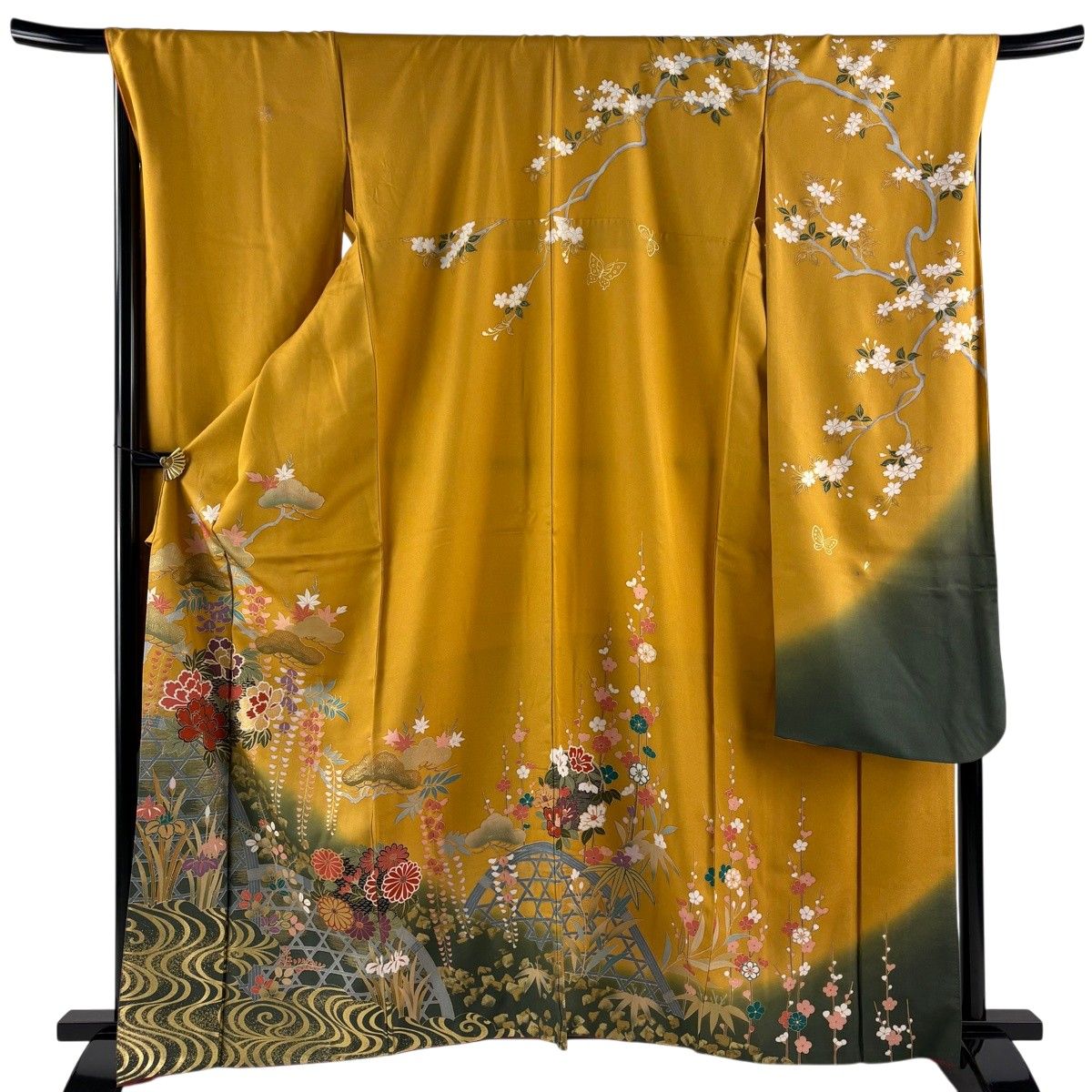 振袖 身丈162.5cm 裄丈69.5cm L 袷 花丸文 流水 金彩 染め分け 山吹茶色 正絹 秀品 【中古】
