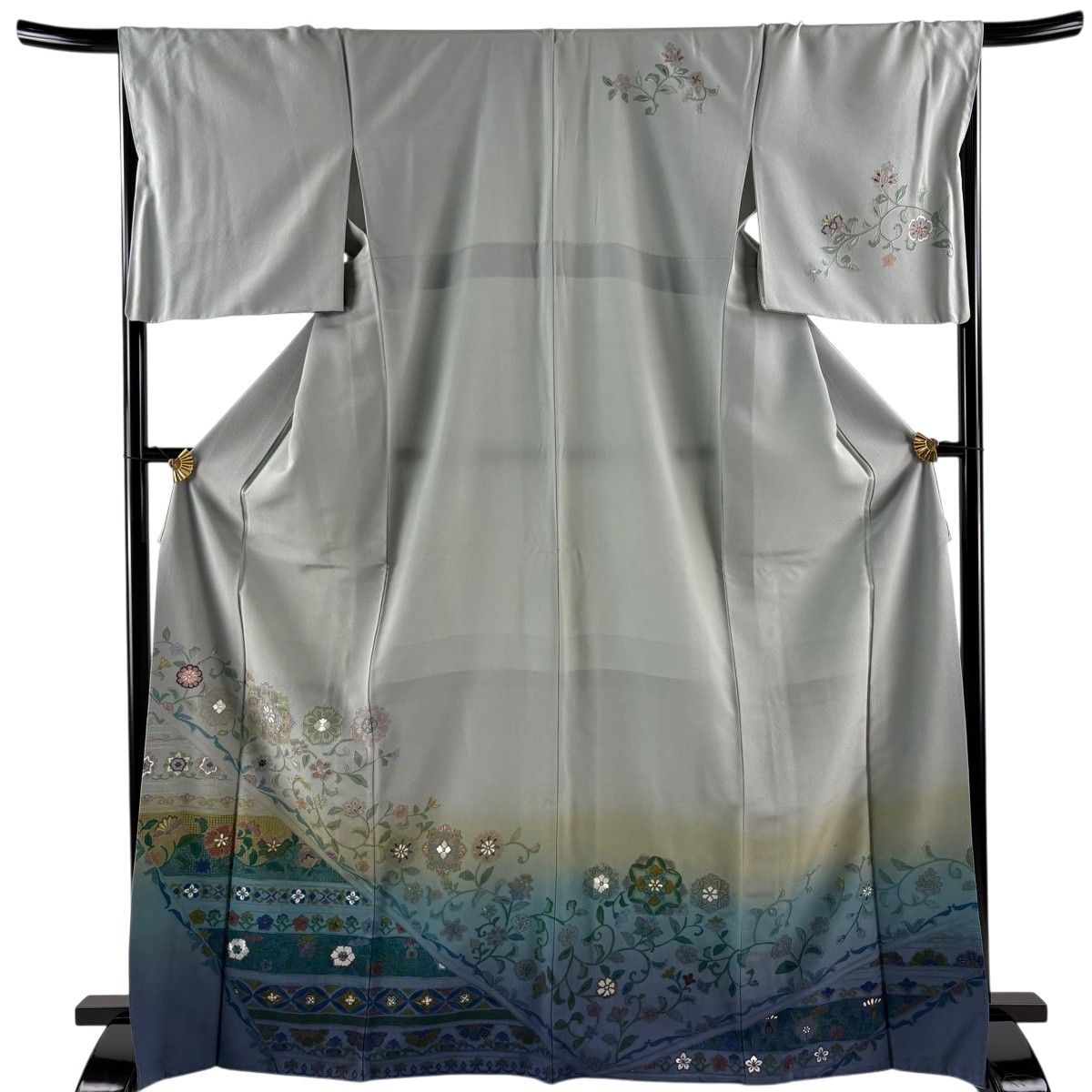 訪問着 身丈168.5cm 裄丈68cm L 袷 華文 花唐草 金糸 金彩 灰緑 正絹 秀品 【中古】