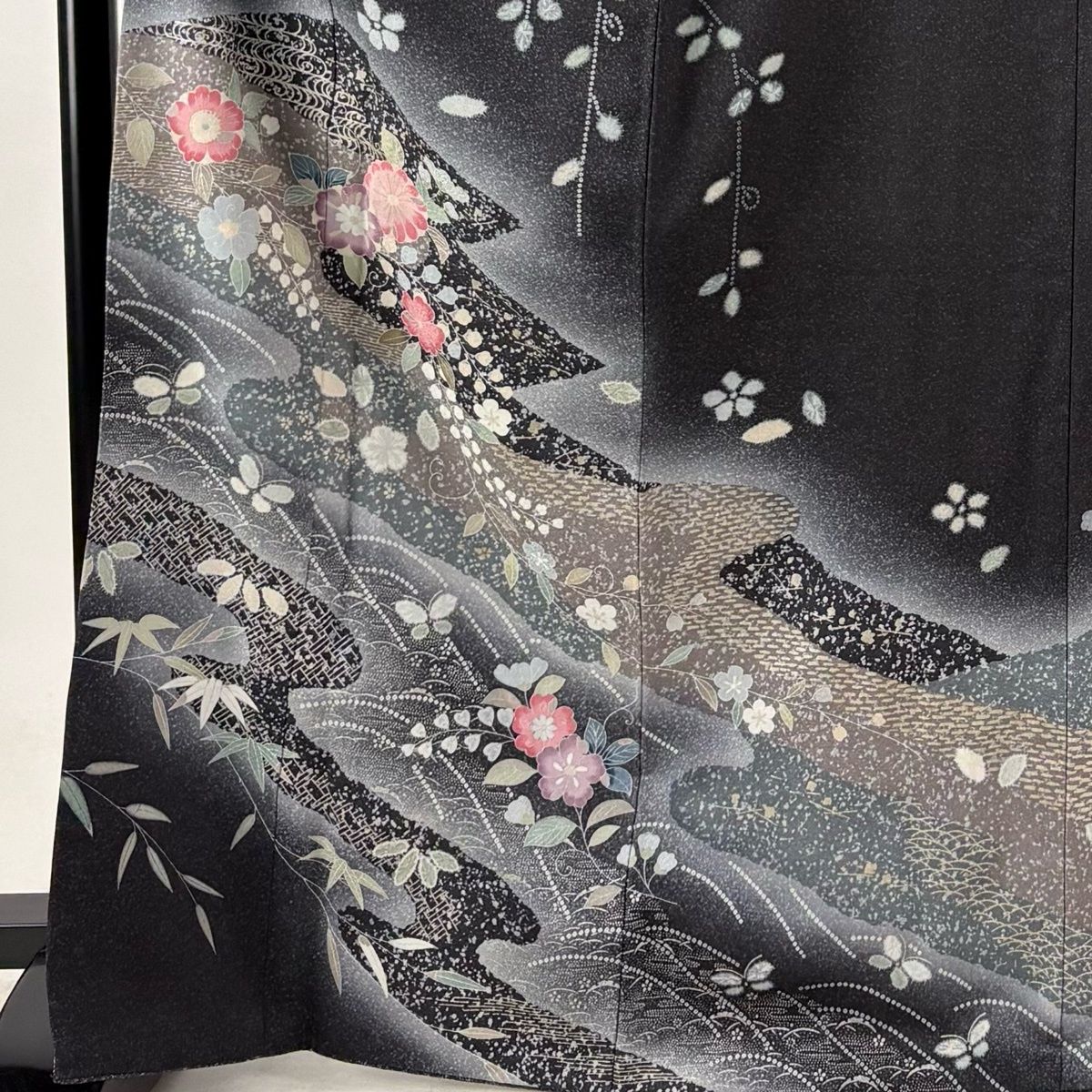 訪問着 身丈169cm 裄丈67cm M 袷 桜 蝶 銀彩 ぼかし 墨色 正絹 秀品