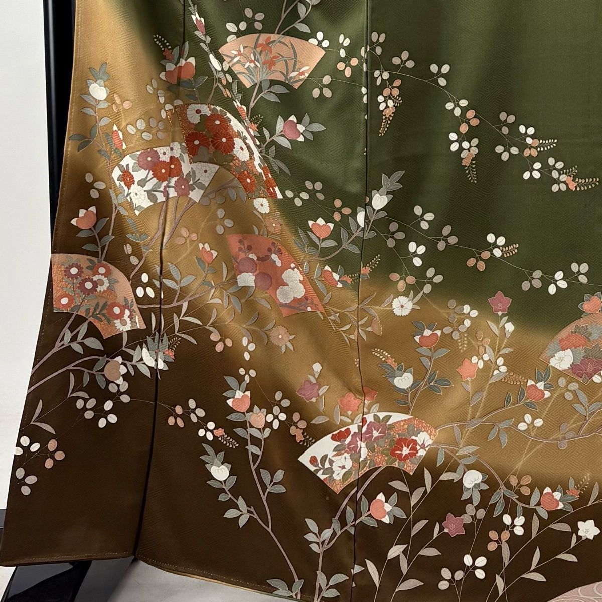 訪問着 身丈166.5cm 裄丈64.5cm M 袷 扇面 菊 金糸 金彩 茶緑色 正絹