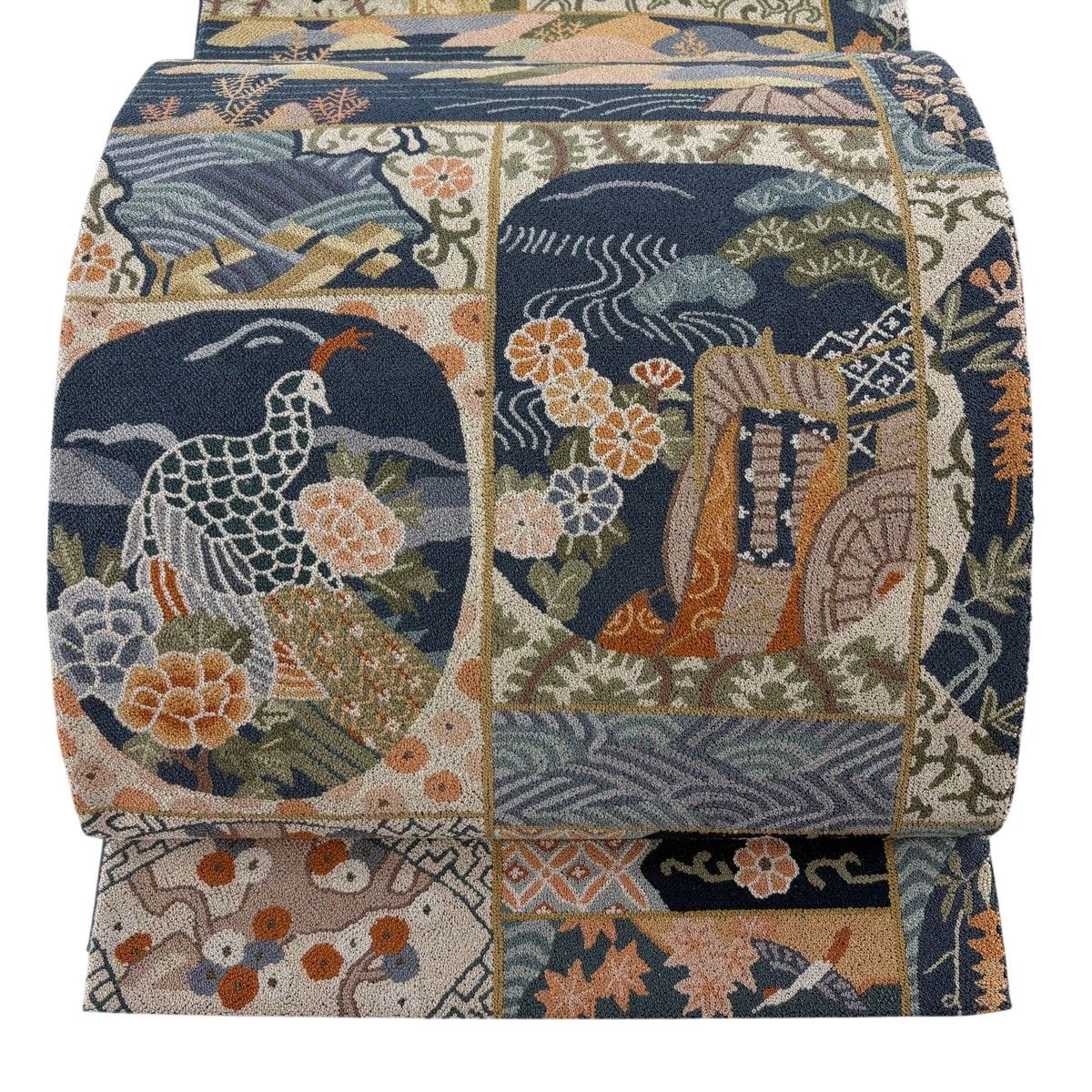 【美品】 袋帯 逸品 御所車 花鳥 相良刺繍 青灰色 六通 正絹 【中古】