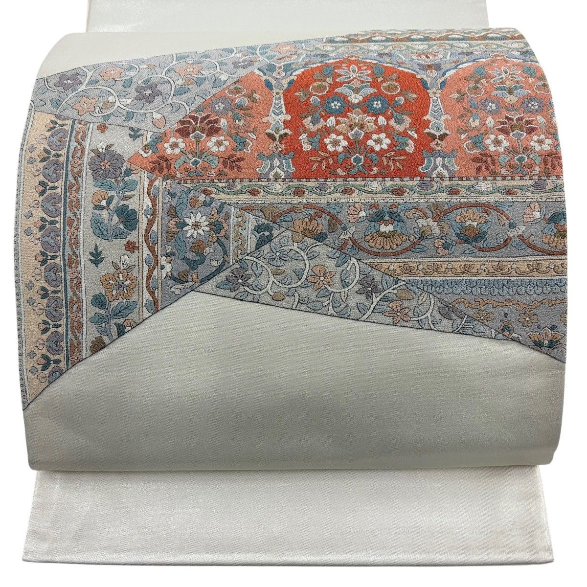 【美品】 袋帯 名品 紬地 葉 金彩 薄茶色 お太鼓柄 正絹 【中古】