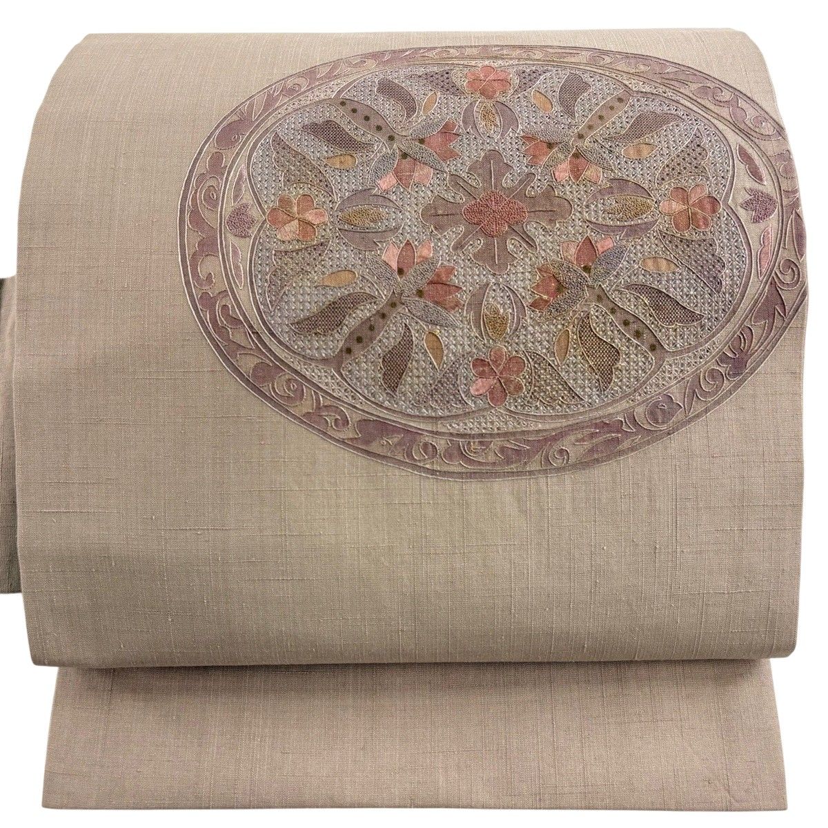 【美品】 名古屋帯 名品 紬地 草花 刺繍 灰茶 正絹 【中古】