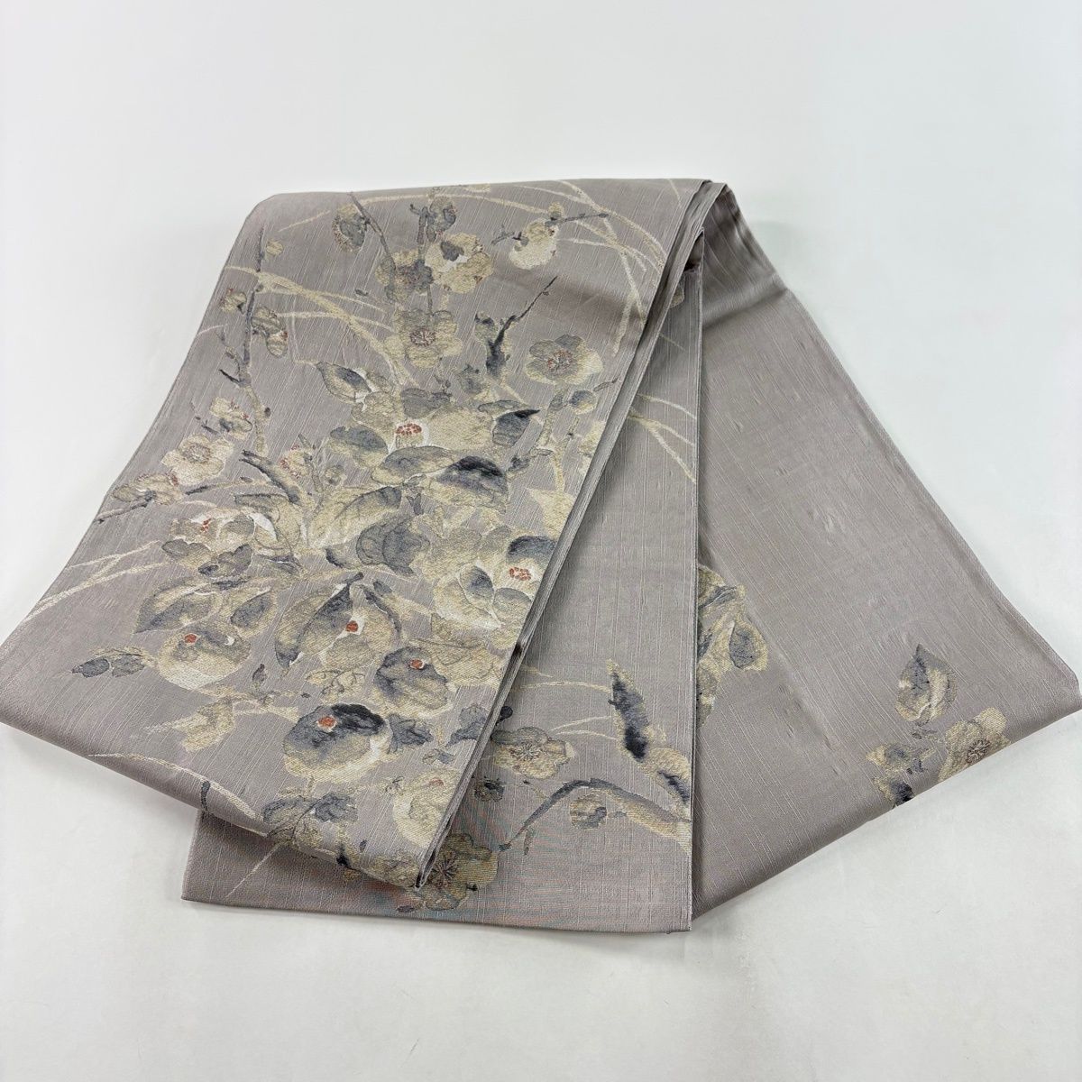 【美品】 袋帯 名品 落款 梅 万寿菊 灰色 お太鼓柄 正絹 【中古】