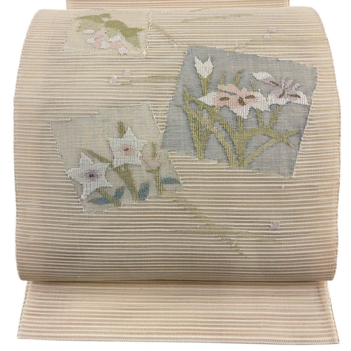 袋帯 秀品 夏帯 絽 色紙 草花 金糸 クリーム お太鼓柄 正絹 【中古】 8,850円