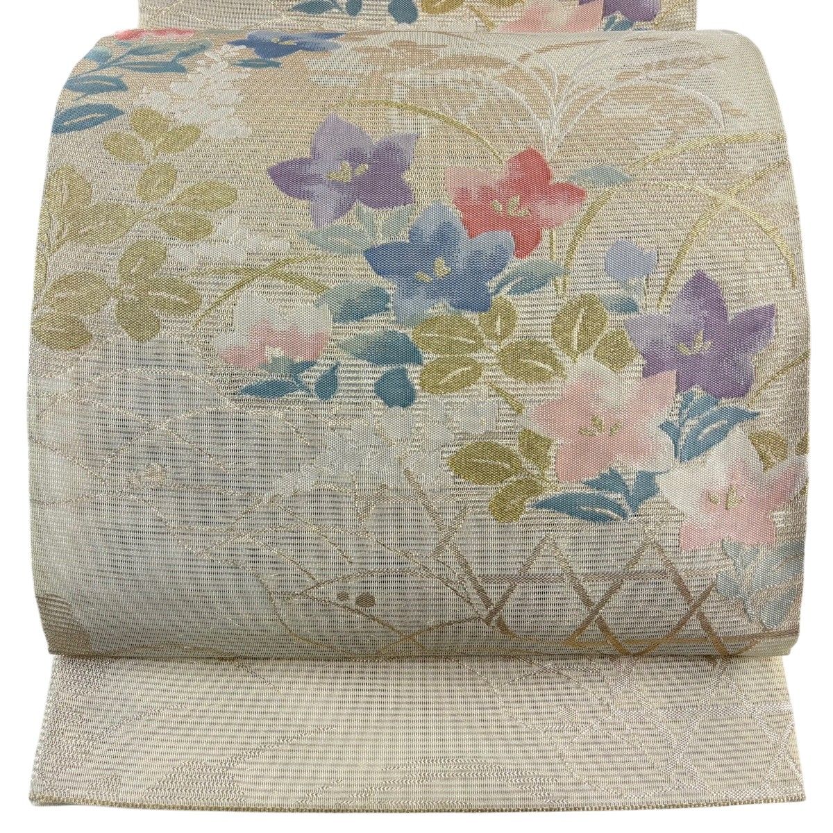 【美品】 袋帯 秀品 証紙 夏帯 絽 関西仕立て 桔梗 ススキ 箔 ベージュ 六通 正絹 【中古】