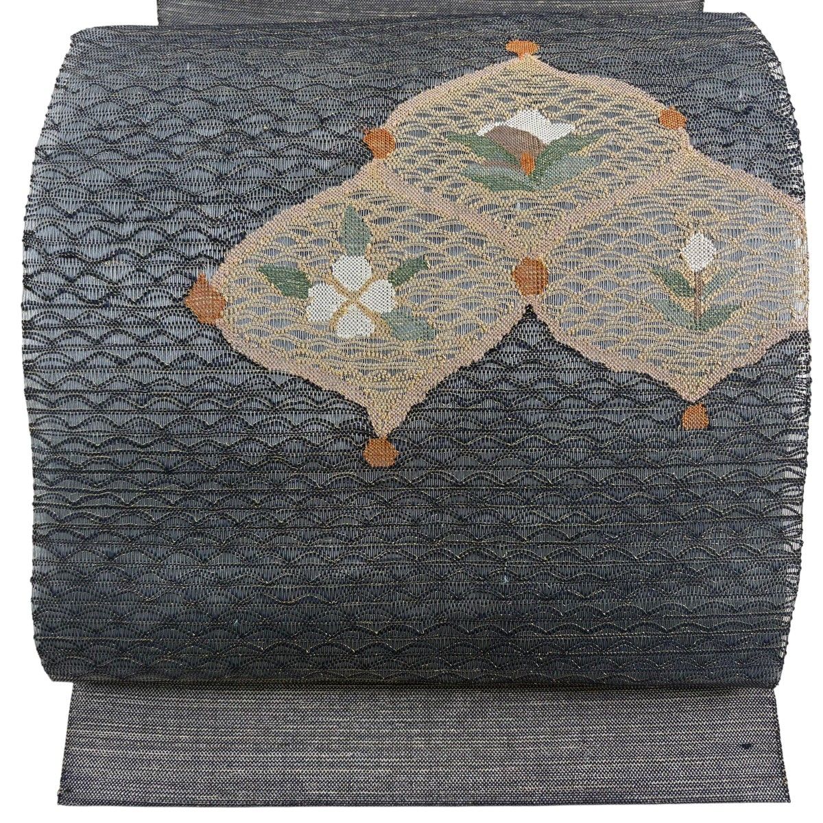 名古屋帯 秀品 夏帯 松葉仕立て 八寸名古屋帯 トンネル仕立て 草花 幾何学模様 金糸 灰緑 正絹 【中古】