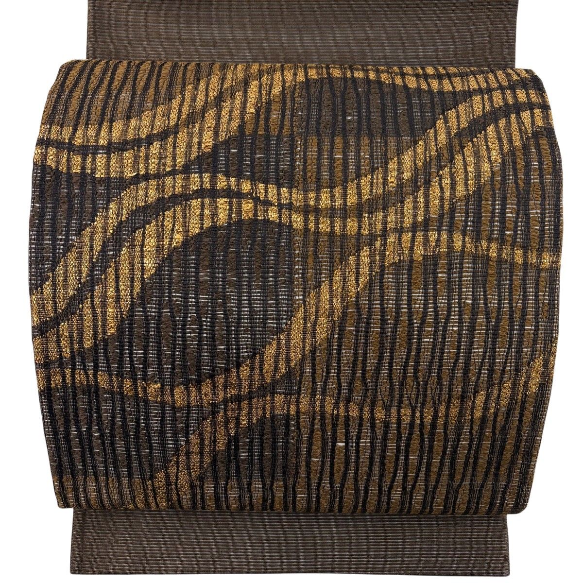 【美品】 袋帯 秀品 夏帯 絽 幾何学 箔 茶色 お太鼓柄 正絹 【中古】