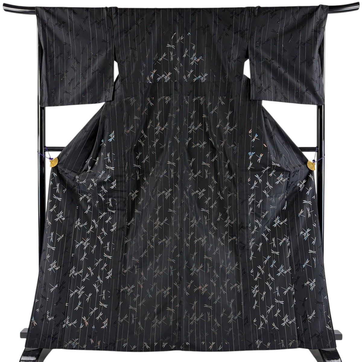 小紋 身丈166cm 裄丈68.5cm L 単衣 やまと 縦縞 トンボ 黒 化繊 秀品 【中古】