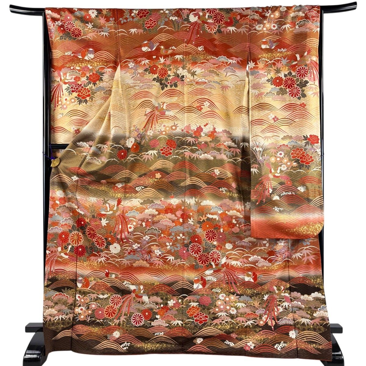 振袖 身丈171.5cm 裄丈66cm M 袷 松竹梅 菊 金糸 金彩 赤茶 正絹 秀品 【中古】
