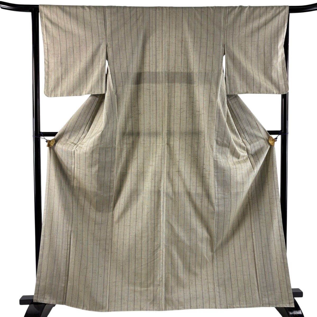 【美品】 紬 身丈164.5cm 裄丈64.5cm M 袷 縦縞 灰緑 正絹 秀品 【中古】