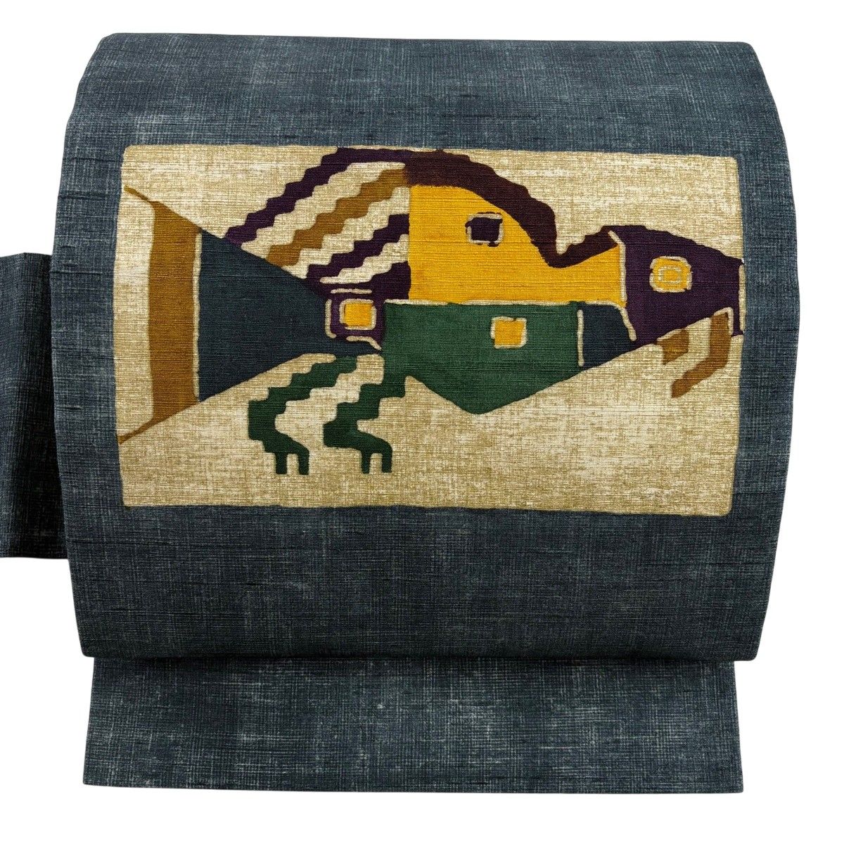 【美品】 名古屋帯 秀品 紬地 幾何学 鳥 深緑 正絹 【中古】
