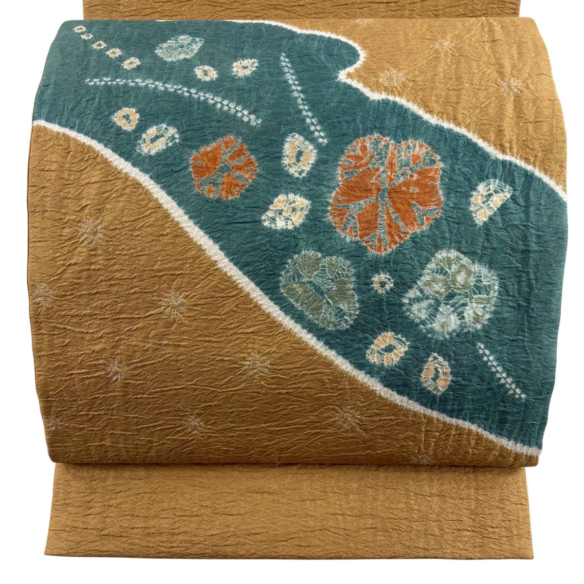 【美品】 袋帯 秀品 草花 銀通し 絞り 黄土色 お太鼓柄 正絹 【中古】