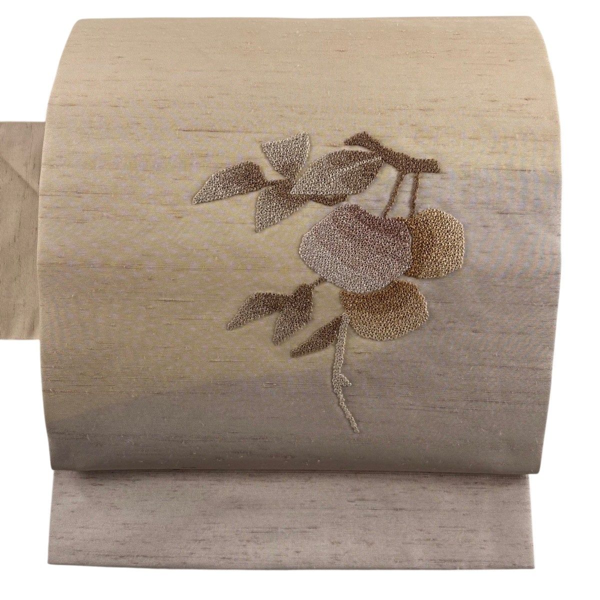 【美品】 名古屋帯 秀品 紬地 幾何学 枝葉 相良刺繍 薄茶色 正絹 【中古】 9,086円
