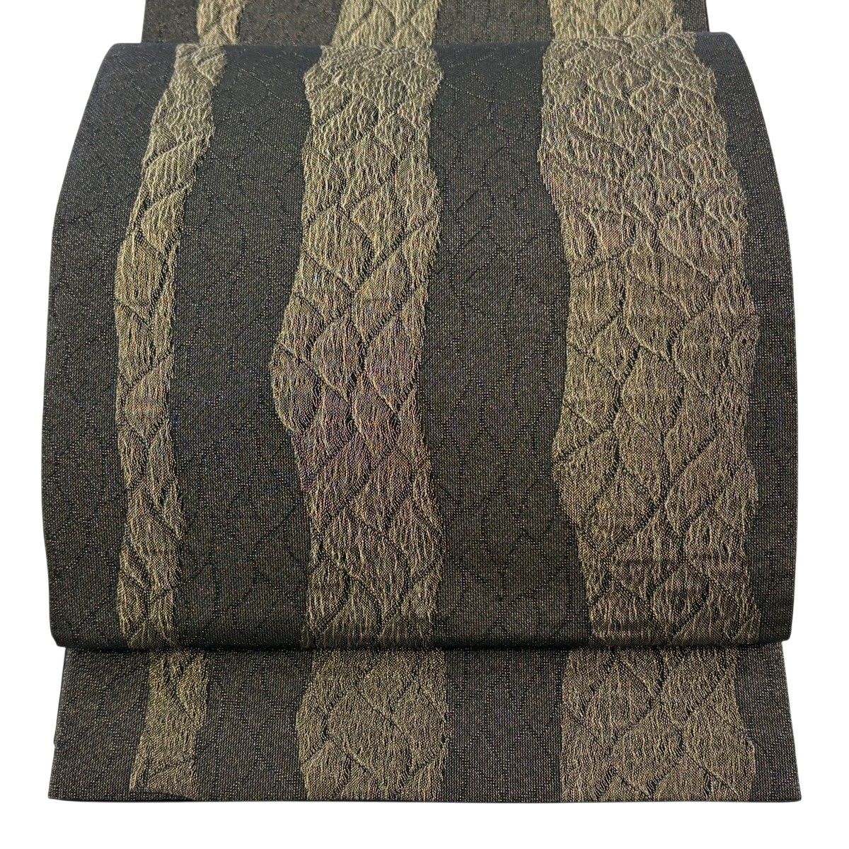 【美品】 袋帯 秀品 よろけ縞 幾何学模様 金糸 茶緑色 六通 正絹 【中古】