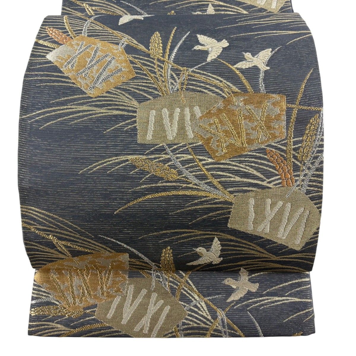 【美品】 袋帯 秀品 夏帯 絽 絵馬 鳥 金銀糸 唐織 灰色 六通 正絹 【中古】
