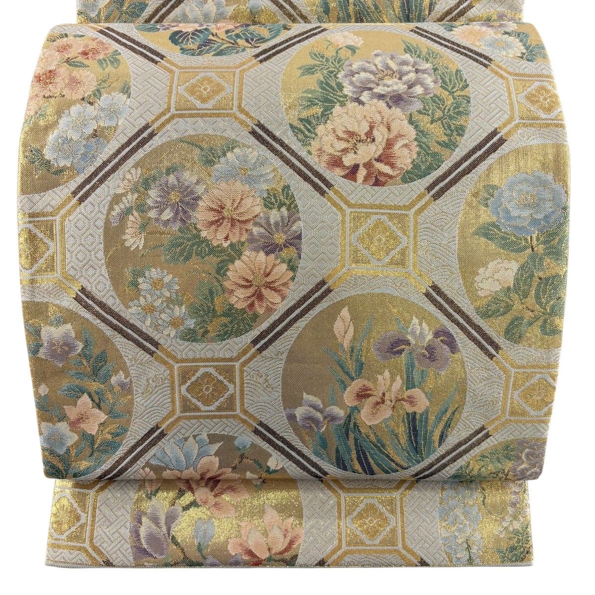 【美品】 袋帯 秀品 佐賀紹巴 離宮天井絵図 草花 箔 金糸 灰色 六通 正絹 【中古】