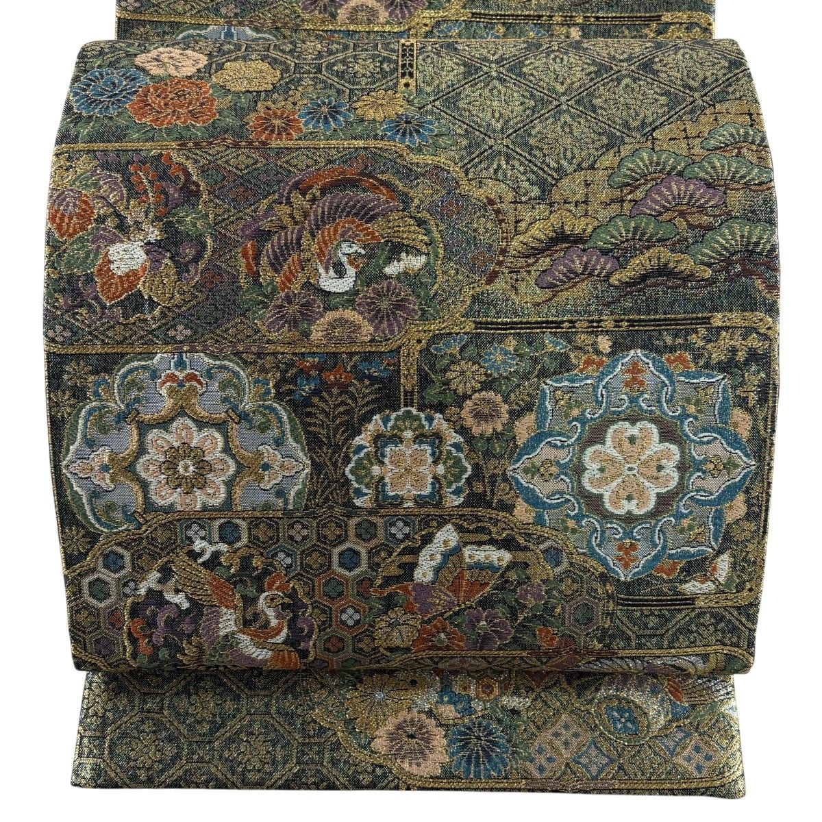 【美品】 袋帯 秀品 正倉院華紋 花鳥 金糸 箔 緑 六通 正絹 【中古】