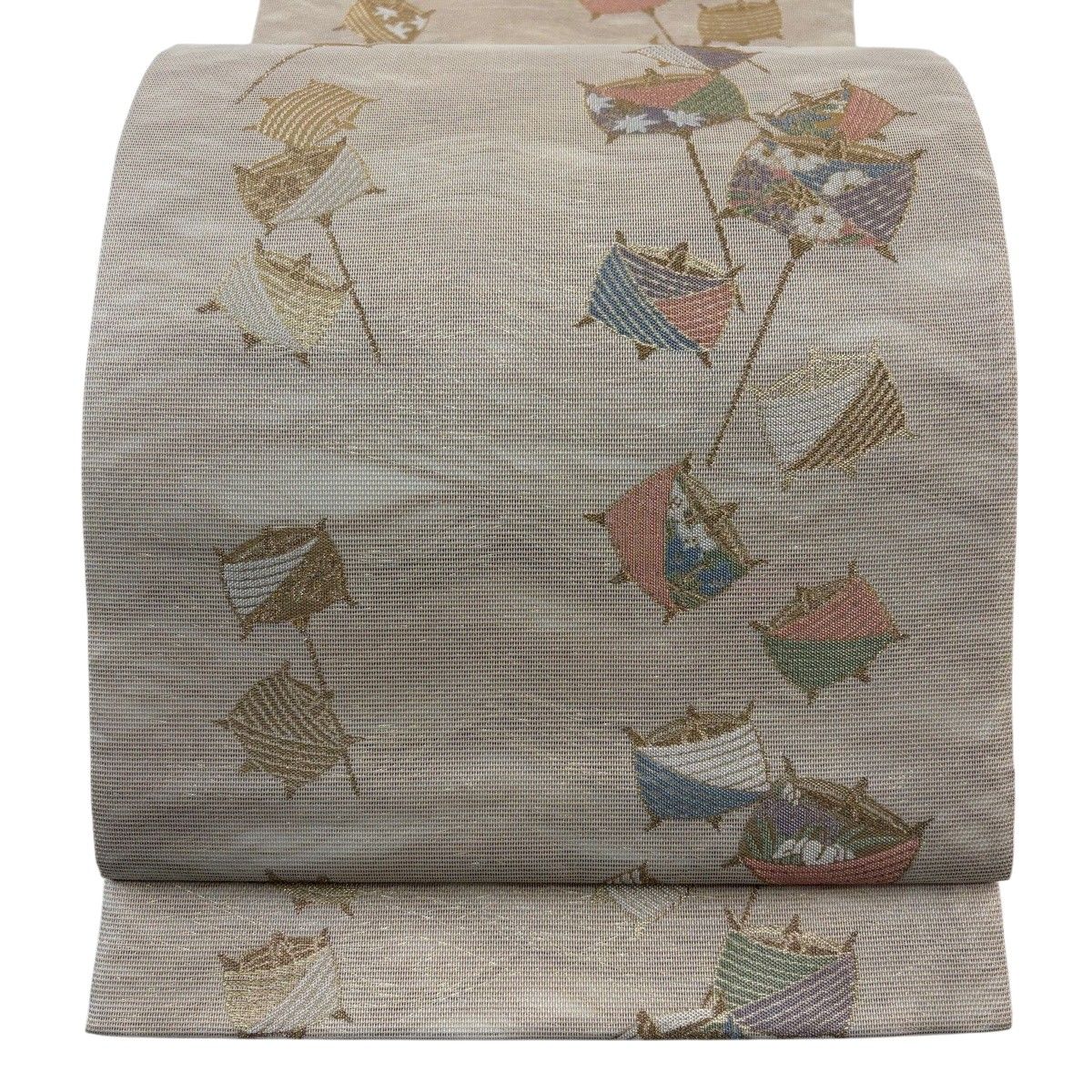 【美品】 袋帯 秀品 夏帯 紗 糸巻き 金糸 箔 ベージュ 六通 正絹 【中古】