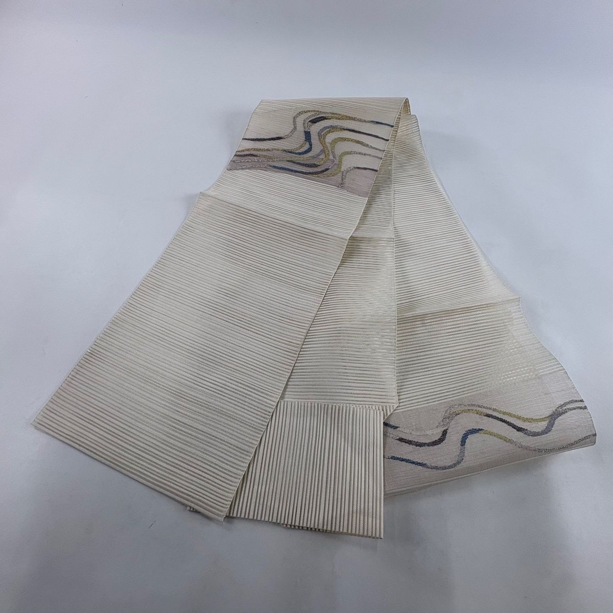 名古屋帯 秀品 夏帯 絽 八寸名古屋帯 松葉仕立て 流水 金銀糸 クリーム 正絹 【中古】
