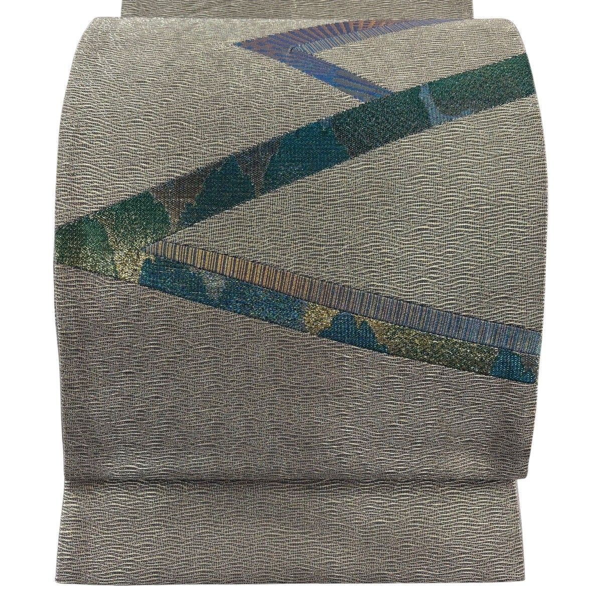 【美品】 袋帯 秀品 幾何学 裂嵌め 箔 銀色 お太鼓柄 正絹 【中古】