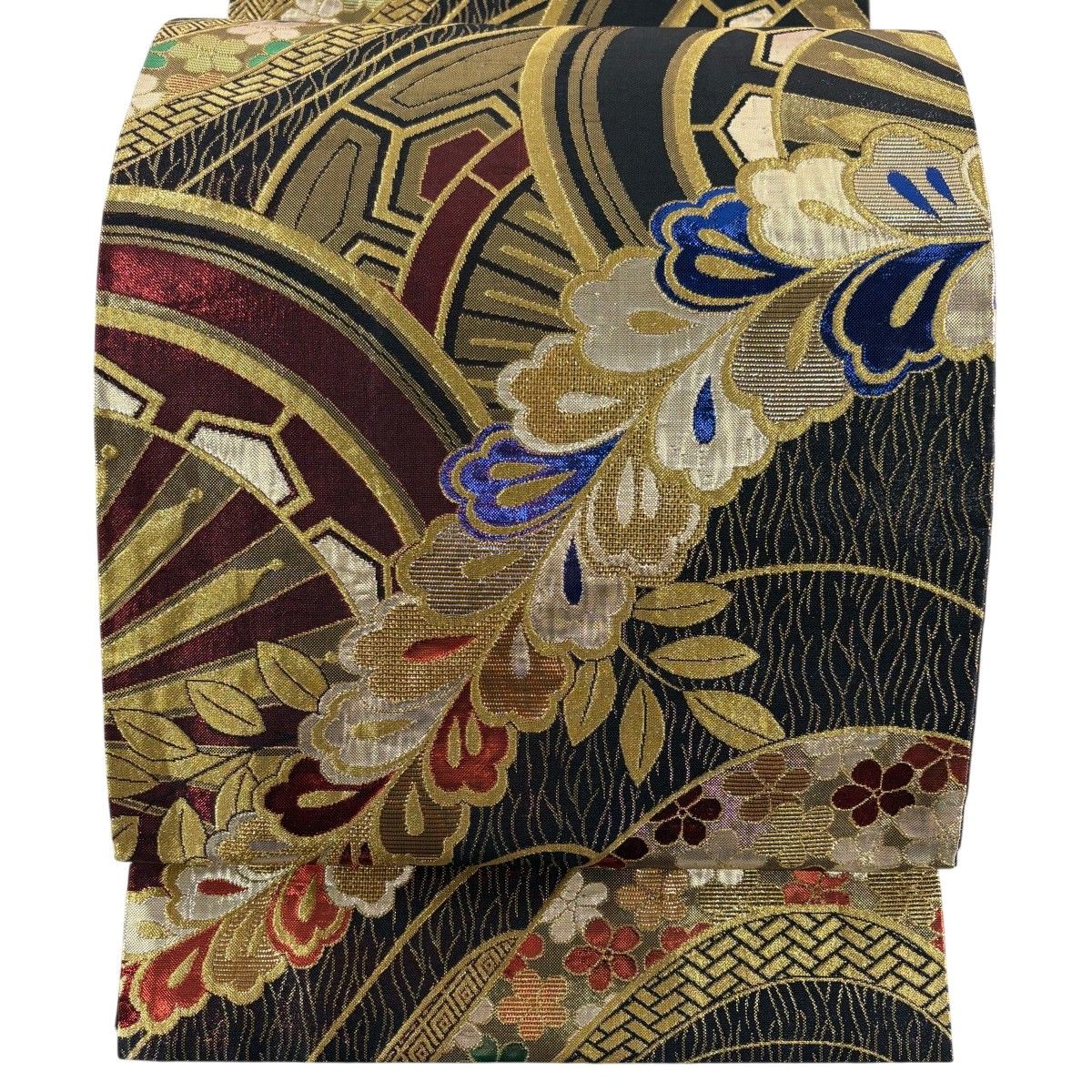 【美品】 袋帯 秀品 振袖向き 片輪車 藤 金糸 箔 黒 六通 正絹 【中古】