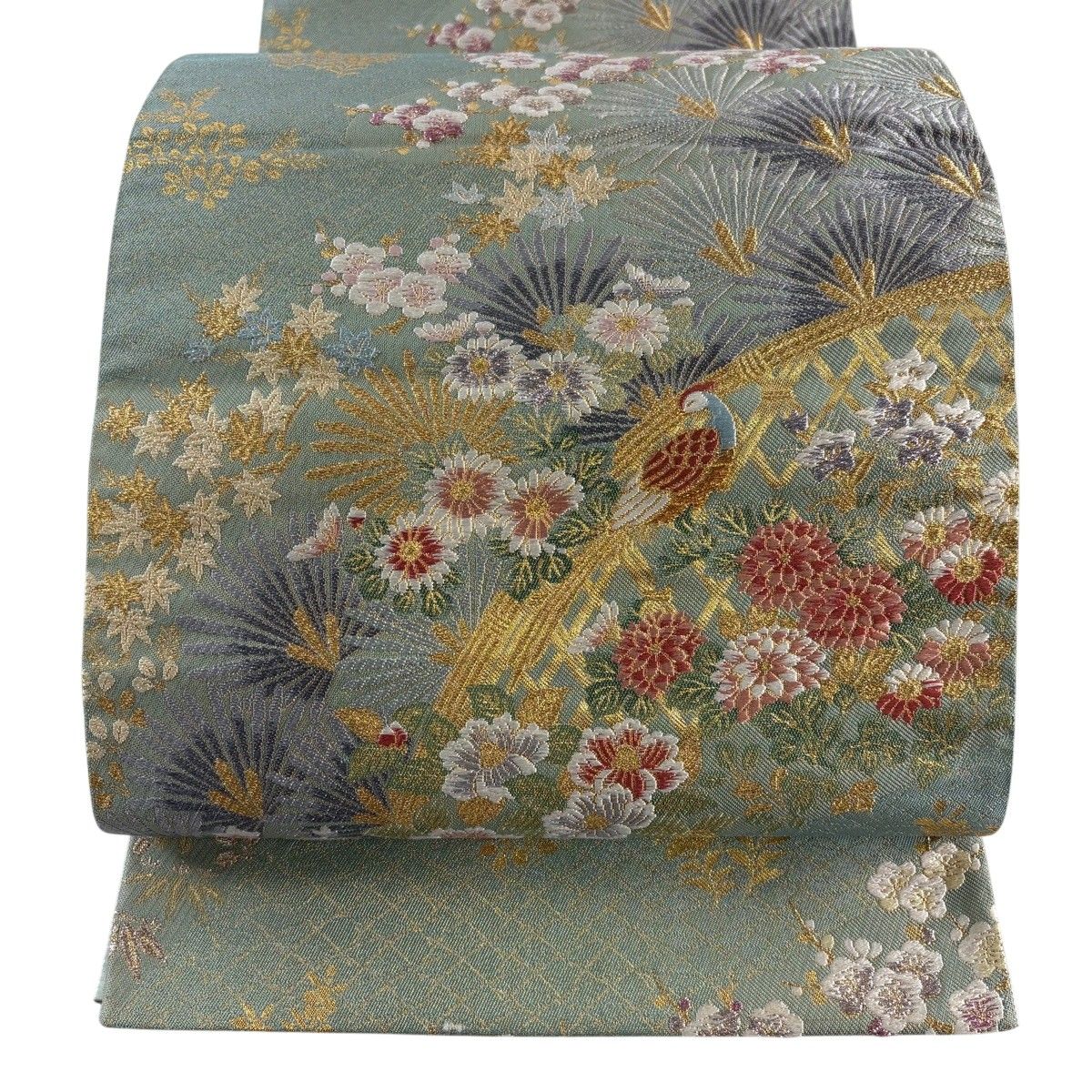 【美品】 袋帯 秀品 花鳥 松梅 金銀糸 箔 薄緑 六通 正絹 【中古】 6,248円