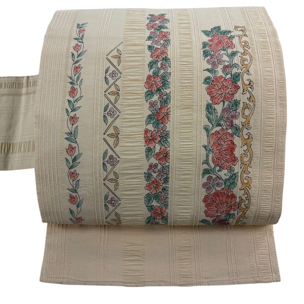 【美品】 名古屋帯 秀品 草花 縞 薄オレンジ 正絹 【中古】