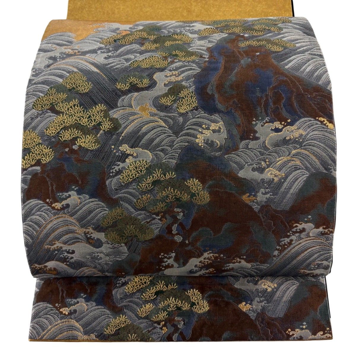 【美品】 袋帯 秀品 荒波 松 箔 灰色 六通 正絹 【中古】