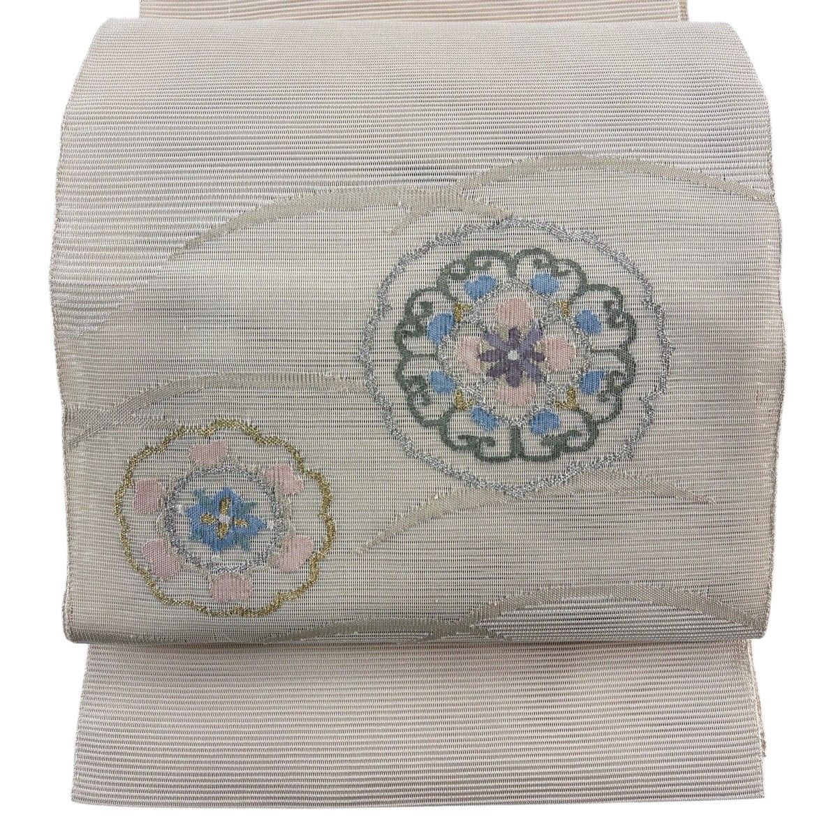 開き名古屋帯 秀品 夏帯 絽 八寸名古屋帯 華文 芝 金銀糸 ベージュ 正絹 【中古】