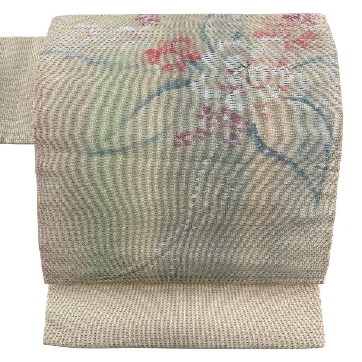 名古屋帯 秀品 落款 夏帯 絽 草花 銀糸 薄黄 正絹 【中古】