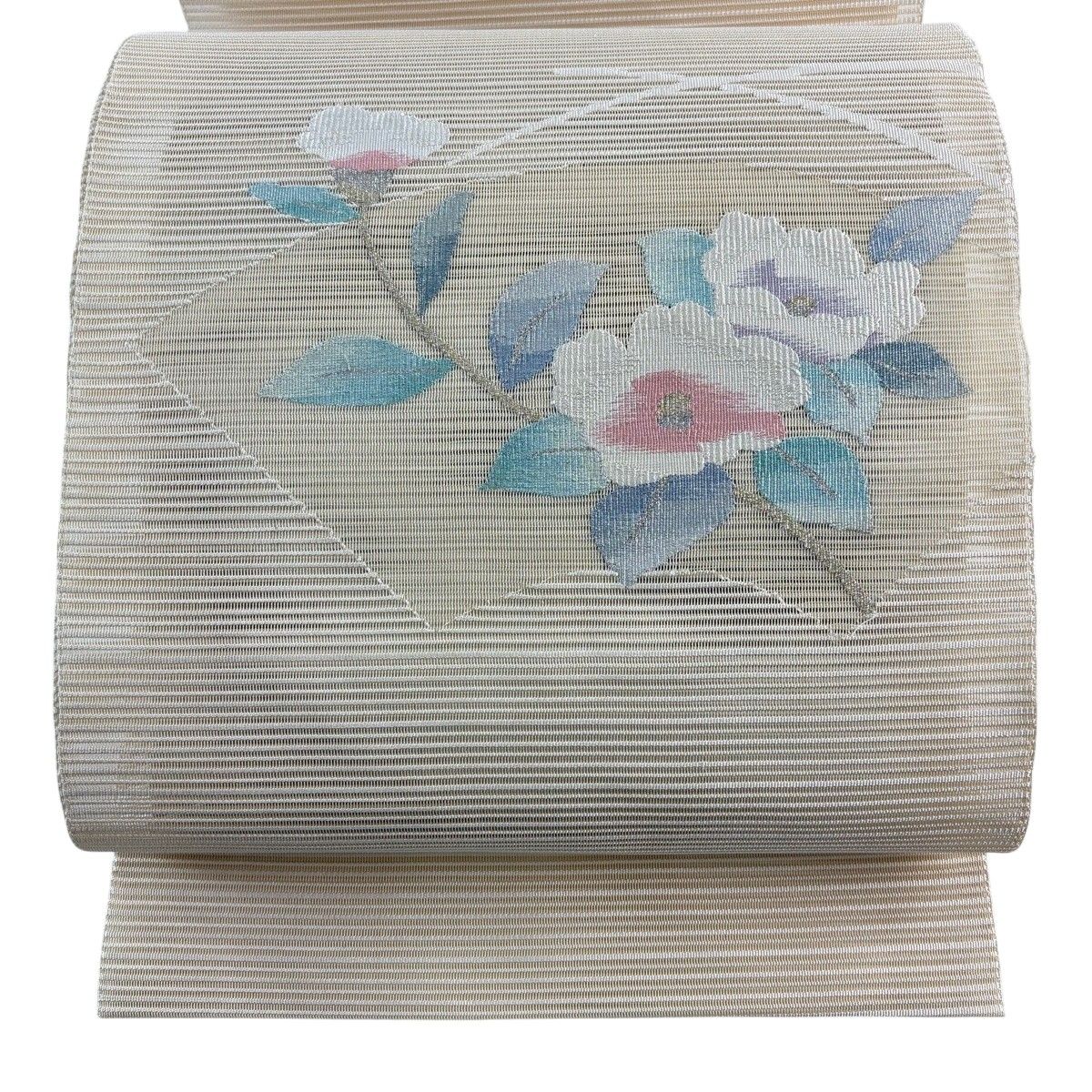 【美品】 名古屋帯 秀品 夏帯 絽 八寸名古屋帯 松葉仕立て トンネル仕立て 椿 扇面 金銀糸 クリーム 正絹 【中古】